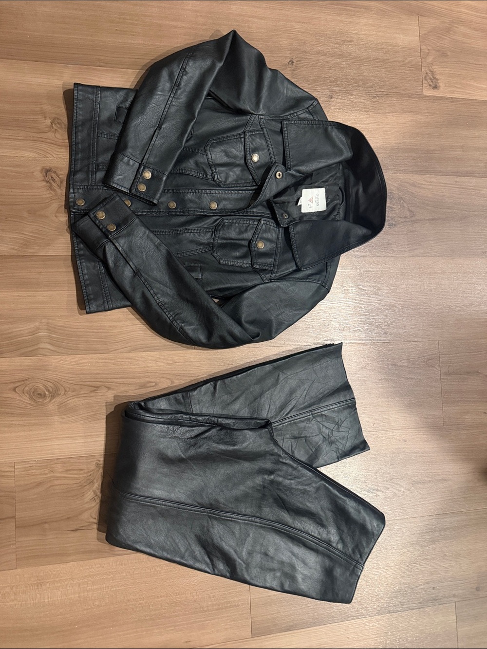 Guess Black Faux Leather Jacket and Pants Set